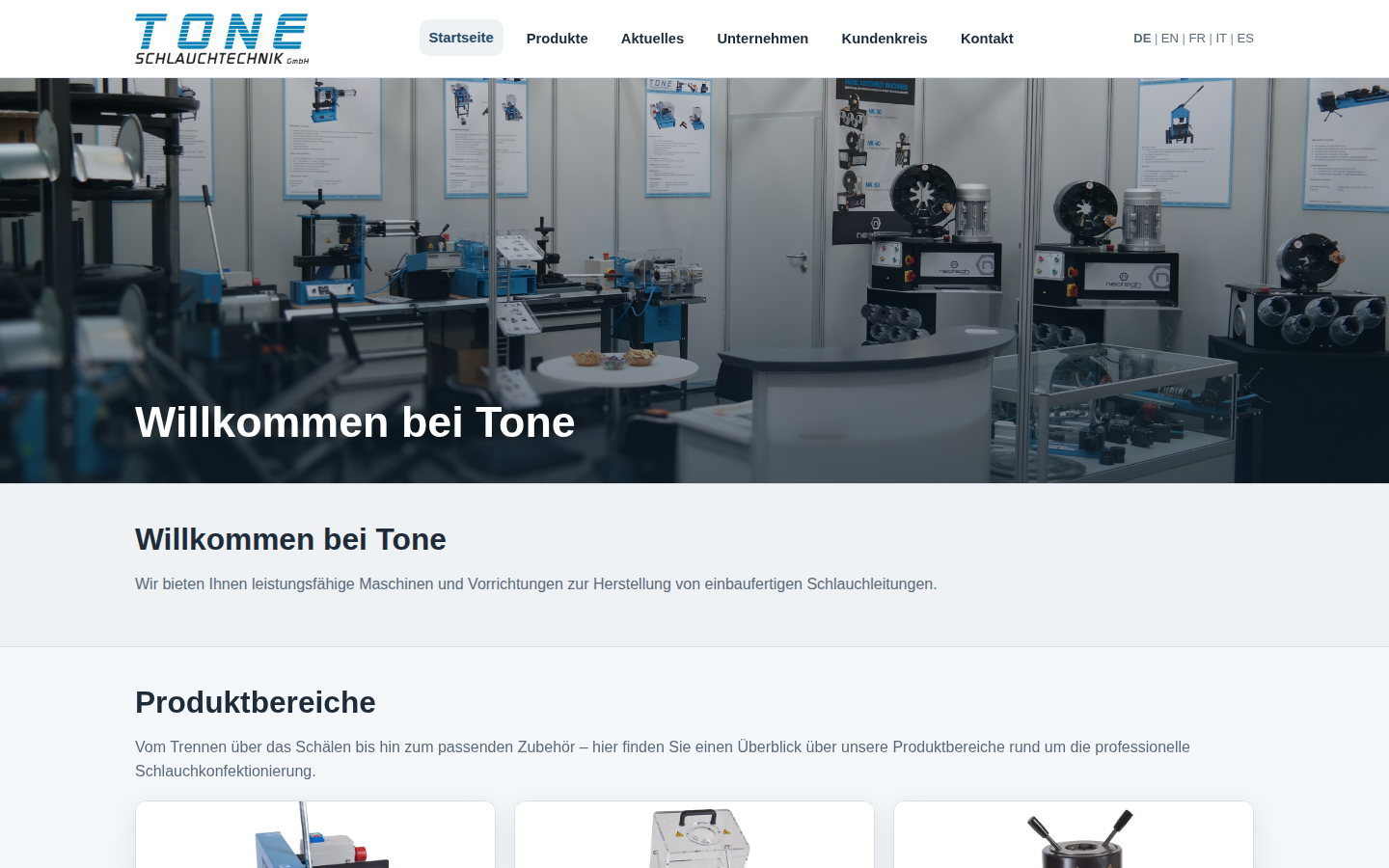 Screenshot der neuen Startseite von Tone Schlauchtechnik